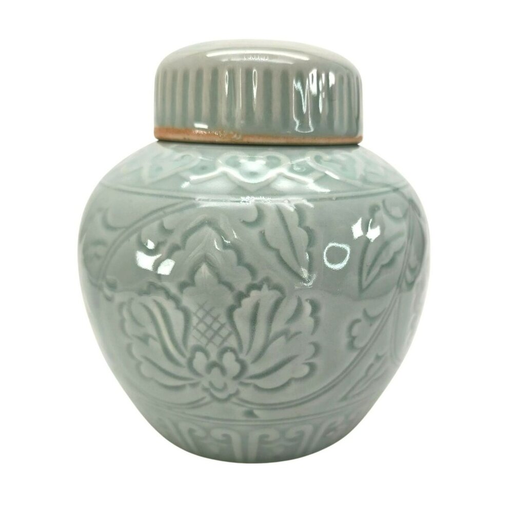 Handcrafted Celadon Round Tea Jar With Lid Vintage Green Asian Floral je128